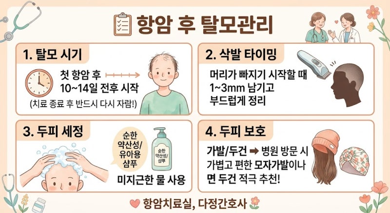 첫 항암 탈모 시기 & 삭발·두피 관리 팁 (항암치료실 간호사팁)