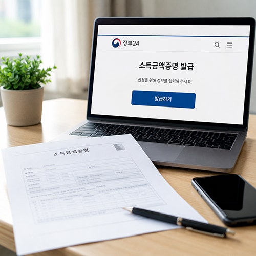 소득금액증명원 정부24에서 본인인증 후 바로 출력할 수 있습니다