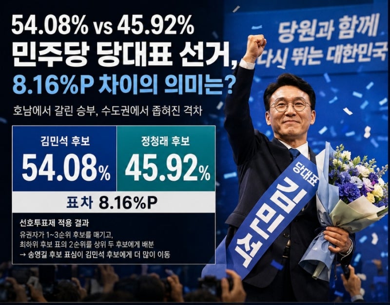 김민석 대 정청래, 54.08% 대 45.92%…민주당 당권 향방은