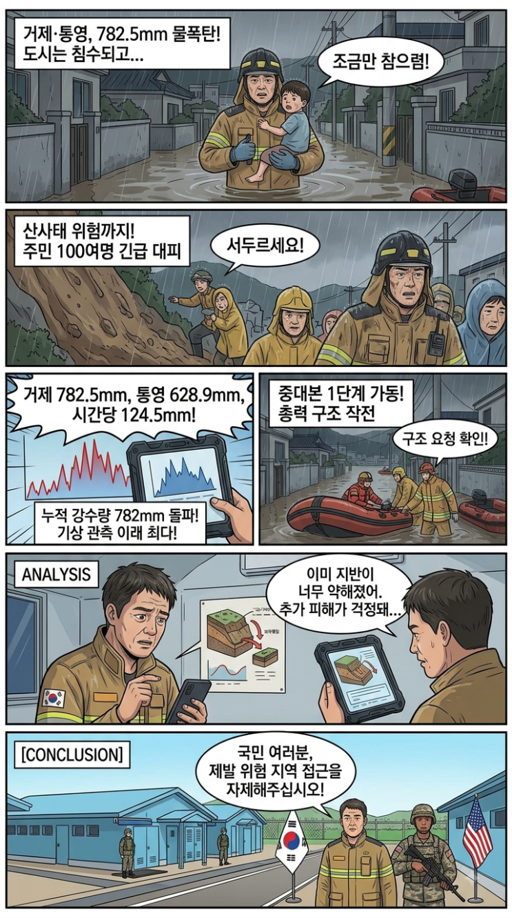 <b>거제·통영</b> 780mm <b>물폭탄</b>! 주민 고립·산사태 긴급대피…중대본 1단계 ....