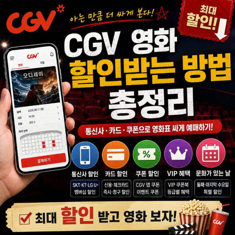 CGV 영화 할인받는 방법 총정리｜통신사·카드·쿠폰으로 영화표 싸게 예매하기