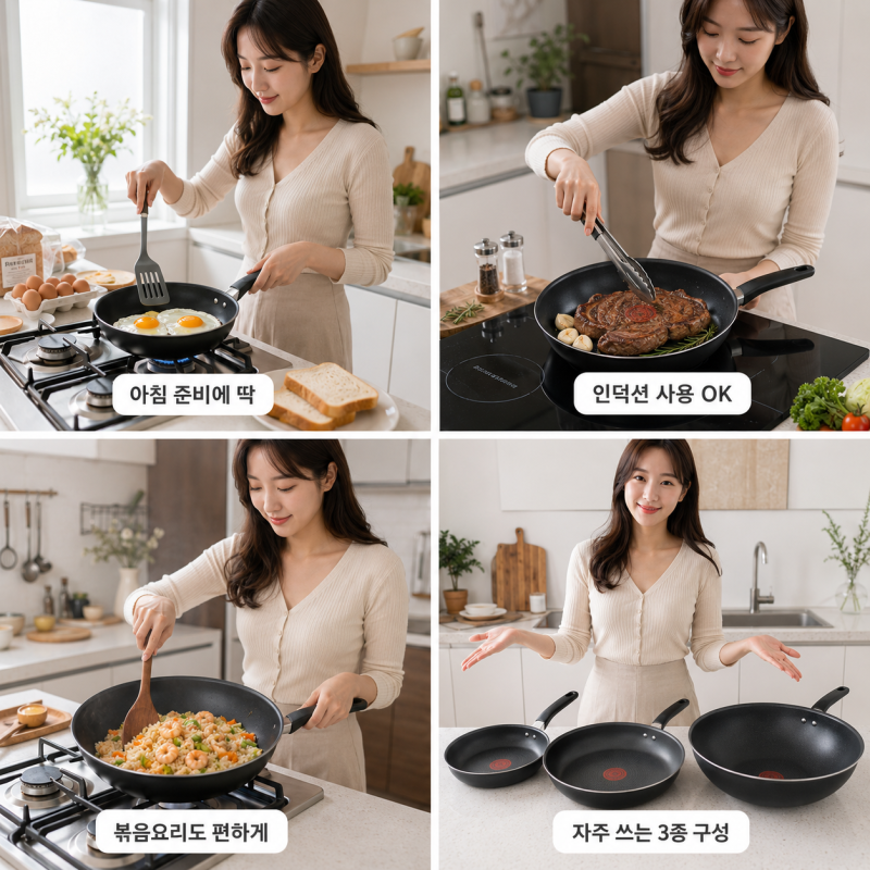 테팔 인덕션 프라이팬 1X 크리에이션 3종 세트, 자주 쓰는 크기로 구성된 실속 세트
