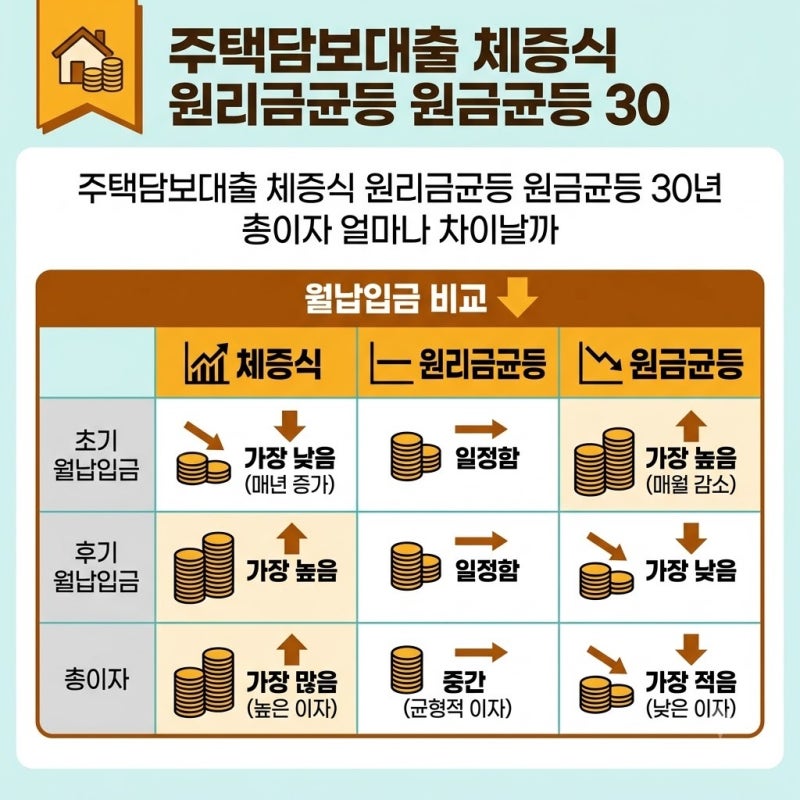 주택담보대출 체증식 원리금균등 원금균등 30년 총이자 얼마나 차이날까 비교 기준