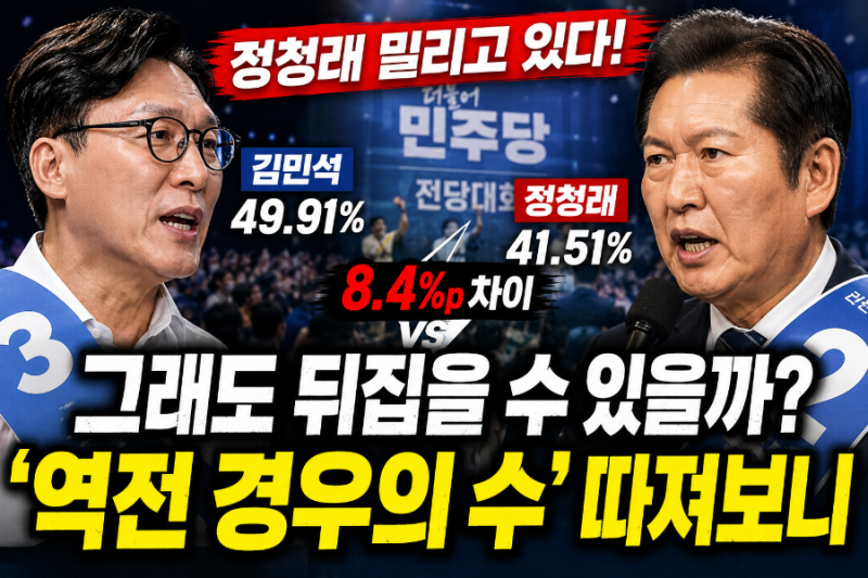 정청래 밀리고 있다…김민석 49.91%, 그래도 뒤집을 수 있을까? ‘역전 경우의 수’