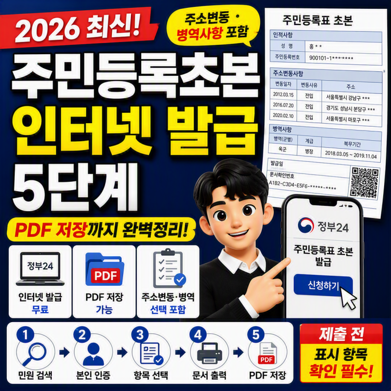 주민등록초본 인터넷 발급 방법 5단계, 주소변동·병역사항 포함해서 PDF 저장하기