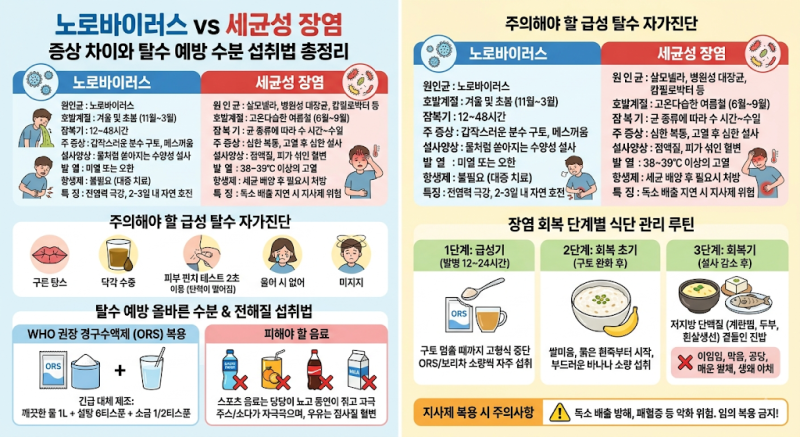 노로바이러스 vs 세균성 장염 증상 차이와 탈수 예방 수분 섭취법 총정리