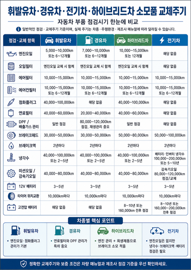 휘발유차·경유차·전기차·하이브리드차 소모품 교체주기 자동차 부품 점검시기 한눈에 비....