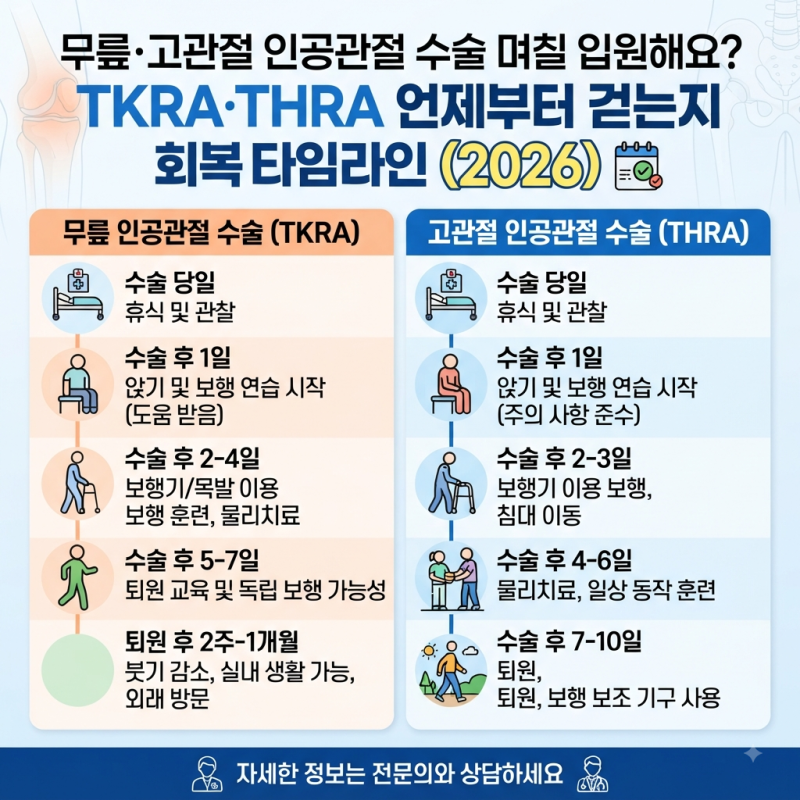 무릎·고관절 인공관절 수술 며칠 입원해요? TKRA·THRA 언제부터 걷는지 회복 타임라인 (2026)