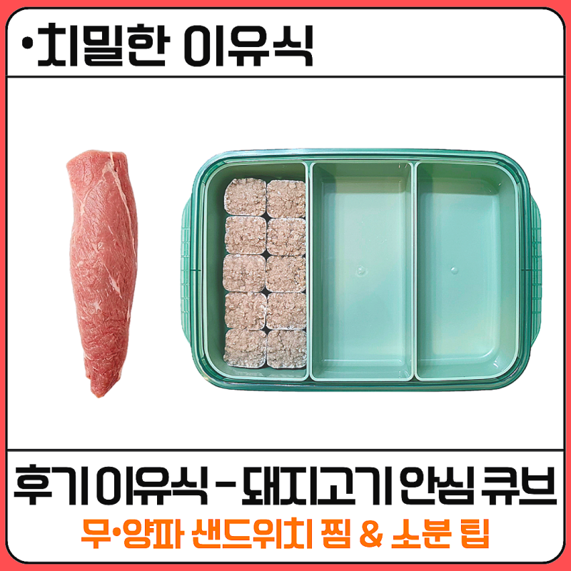 [치밀한 이유식] 후기 돼지고기 안심 큐브 만들기 : 잡내없이 부드럽게 찌는 법, 급여 시기, ....