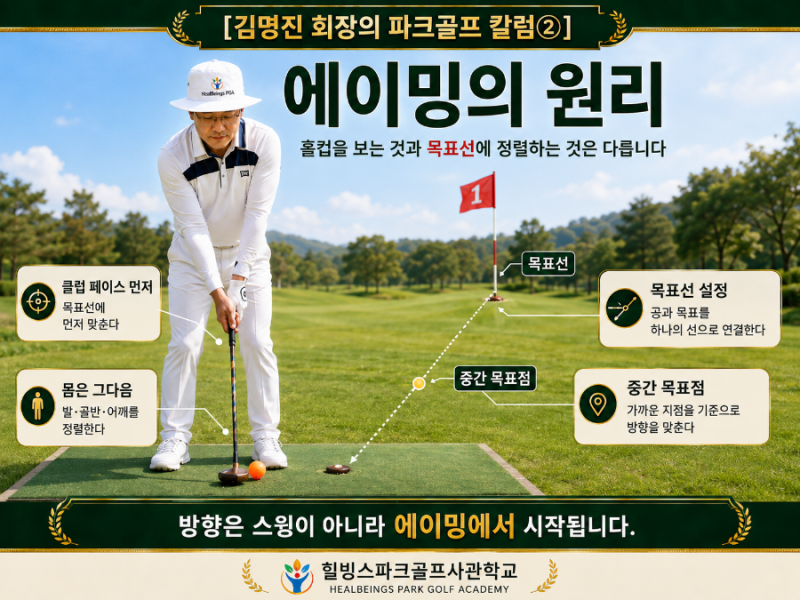[김명진 회장의 파크골프 칼럼④] 홀컵을 보고 쳤는데 공은 자꾸 다른곳으로 갈까? – 파크골....