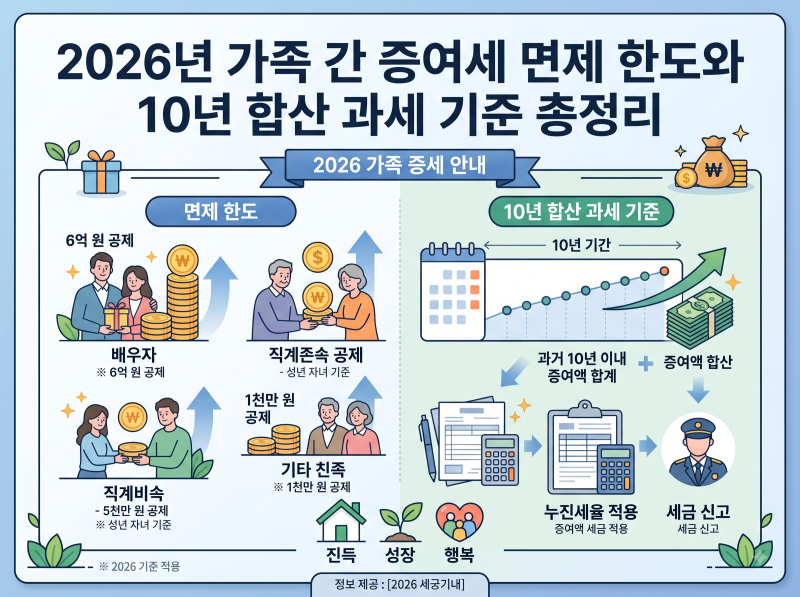 2026년 가족 간 증여세 면제 한도와 10년 합산 과세 기준 총정리