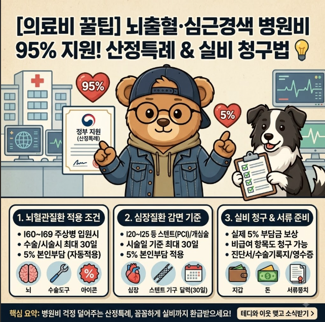 [의료비 꿀팁] 뇌출혈·심근경색 병원비 95% 지원! 산정특례 5% 감면 & 실비 청구법