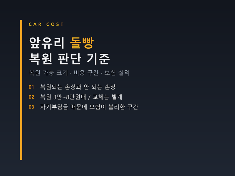 자동차 앞유리 복원 기준, 돌빵 크기와 위치로 갈리는 복원과 교체