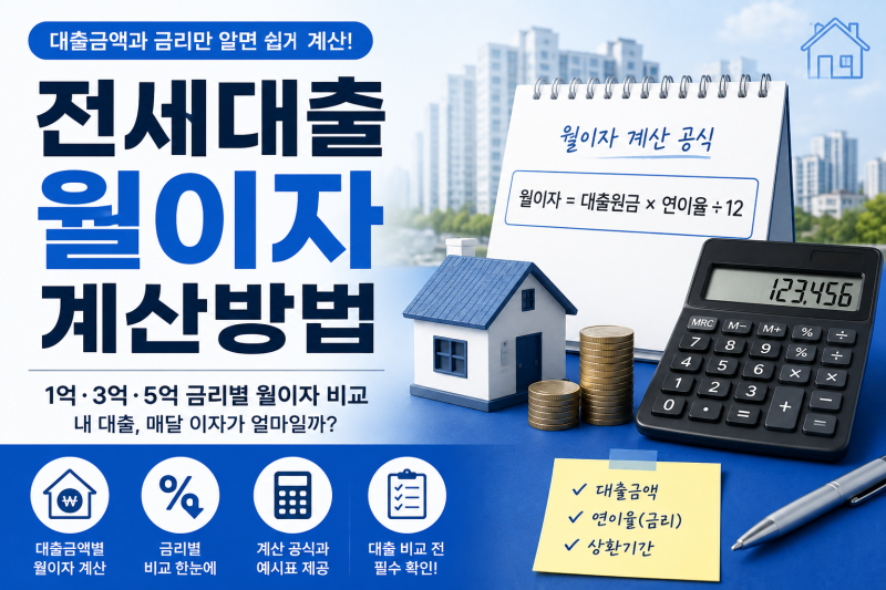 전세대출 월이자 계산방법, 1억·3억·5억 금리별 얼마일까?