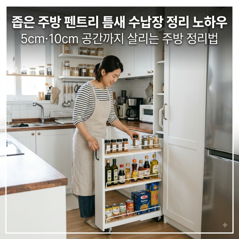 좁은 주방 펜트리 틈새 수납장 정리 노하우｜5cm·10cm 공간까지 살리는 주방 정리법