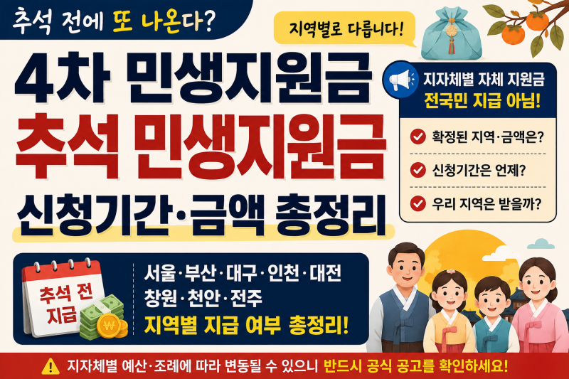4차 민생지원금 추석 전에 또 나온다? 지역별 신청기간·금액 총정리(서울·부산·대구·인천·....