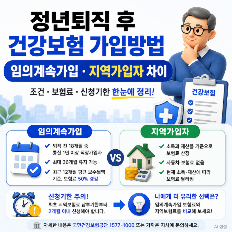 정년퇴직 후 건강보험 가입방법｜임의계속가입·지역가입자 차이