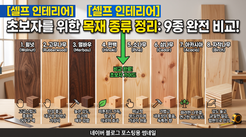 [셀프 인테리어] 초보자를 위한 목재 종류 정리: 월넛, 고무나무, 멀바우, 편백, 소나무, 삼나....