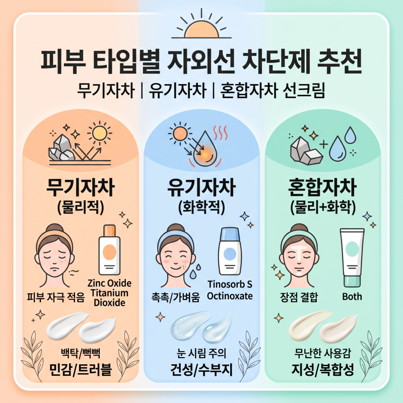 피부 타입별 자외선 차단제 추천 무기자차 유기자차 혼합자차 선크림