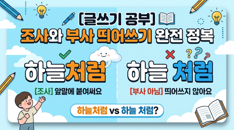 [글쓰기 공부] '하늘처럼' vs '하늘 처럼'? 조사와 부사 뜻부터 띄어쓰기까지 정리