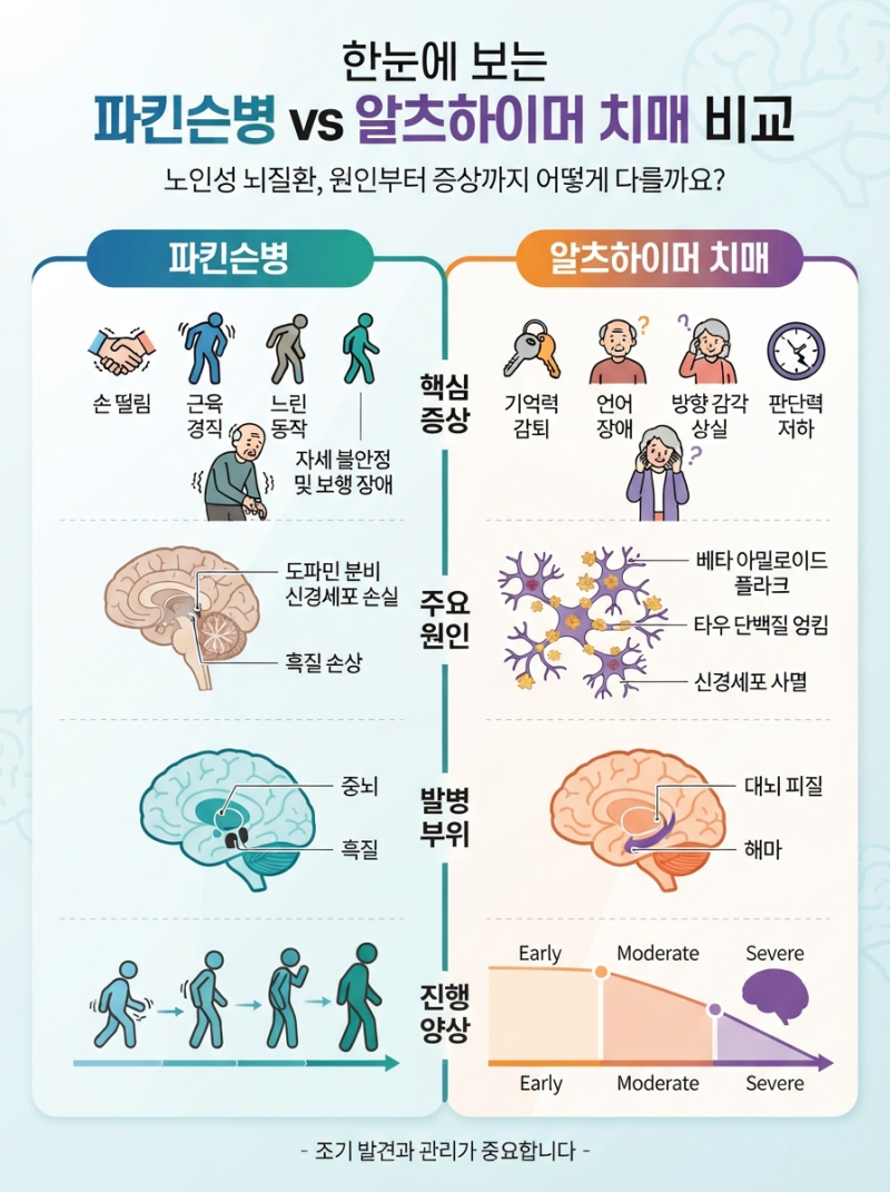 파킨슨병 초기증상 vs 치매 알츠하이머 비교: 원인부터 차이점 총정리