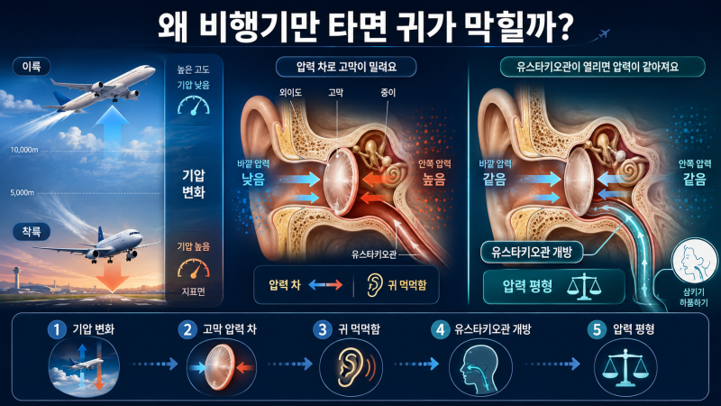 비행기 이착륙 시 귀 먹먹함 1초 만에 뚫는 법: 파스칼의 원리와 유스타키오관 기압 평형의 ....