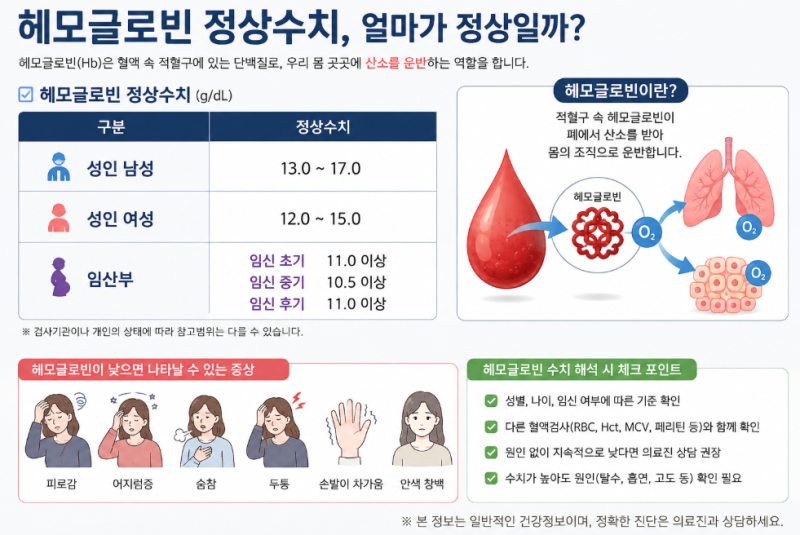 헤모글로빈 정상수치, 몇이면 정상일까? 남자·여자·임산부 기준부터 낮을 때 증상까지