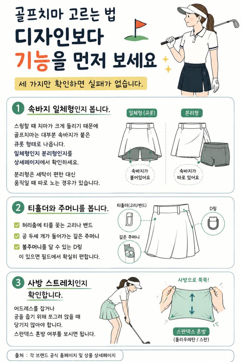 골프치마 큐롯 속바지 일체형 확인법과 플리츠 A라인 H라인 기장 고르는법