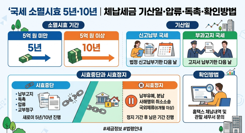 국세 소멸시효 5년·10년｜체납세금 기산일·압류·독촉·확인방법