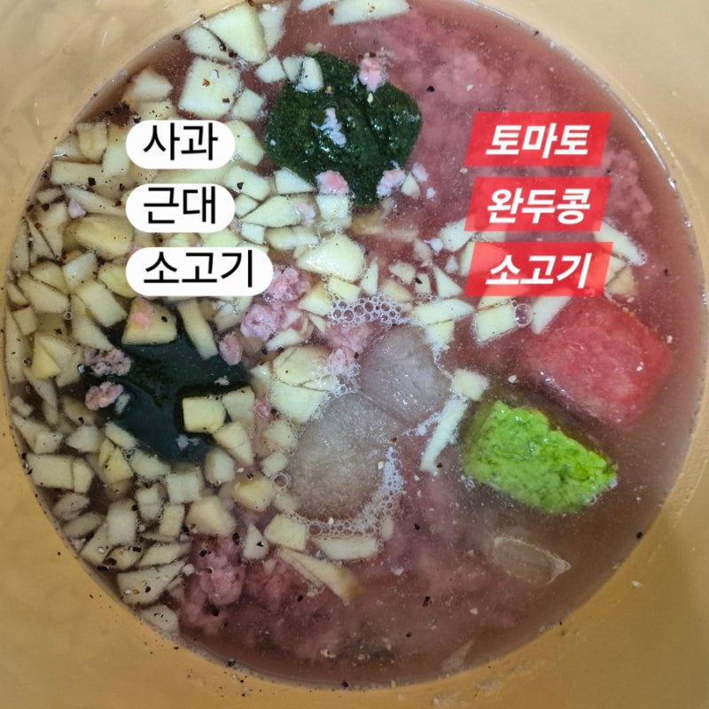 283일]오쿠 두유제조기로 닭,느타리버섯,두부,부추 & 중탕기로 소고기+완두콩,토마토와 근대,....