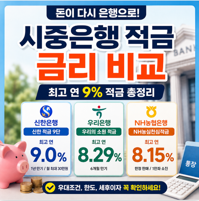 2026년 8월 시중은행 적금 금리 비교, 신한 9%·우리 8.29%·농협 8.15% 총정리