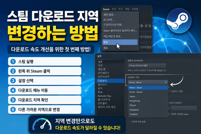 스팀 다운로드 속도 느릴 때 해결 방법 총정리