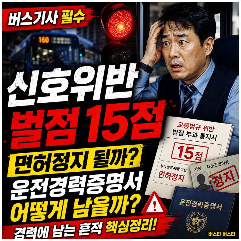 "버스기사 신호위반 벌점 15점｜면허정지·운전경력증명서 어떻게 남을까?"