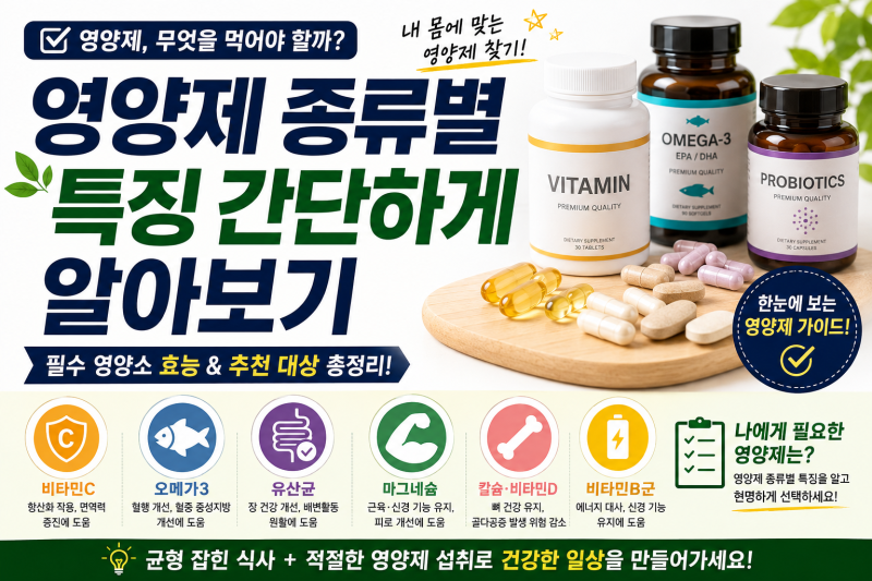 영양제 종류별 효능 총정리｜비타민·오메가3·마그네슘·유산균, 나에게 필요한 것은?