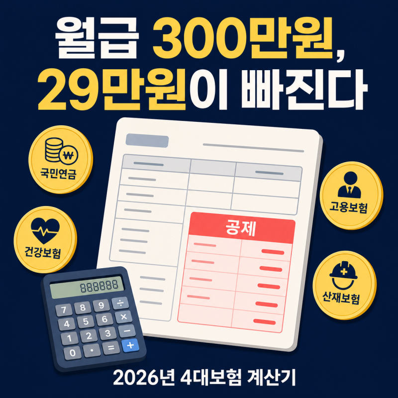 4대보험 계산기 2026 — 월급 300만원이면 29만 1,520원 빠집니다
