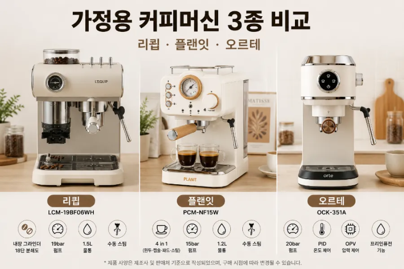 가정용 커피머신 추천｜리큅·플랜잇·오르테 3종 비교