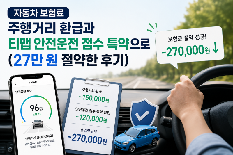 자동차 보험료 주행거리 환급과 티맵 안전운전 점수 특약으로 (27만 원 절약한 후기)