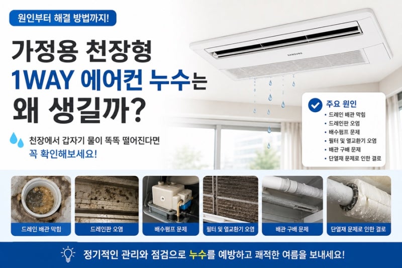 가정용 천장형 에어컨 누수는 왜 생길까? 천장에서 갑자기 물이 뚝뚝 떨어진다면 꼭 확인해....