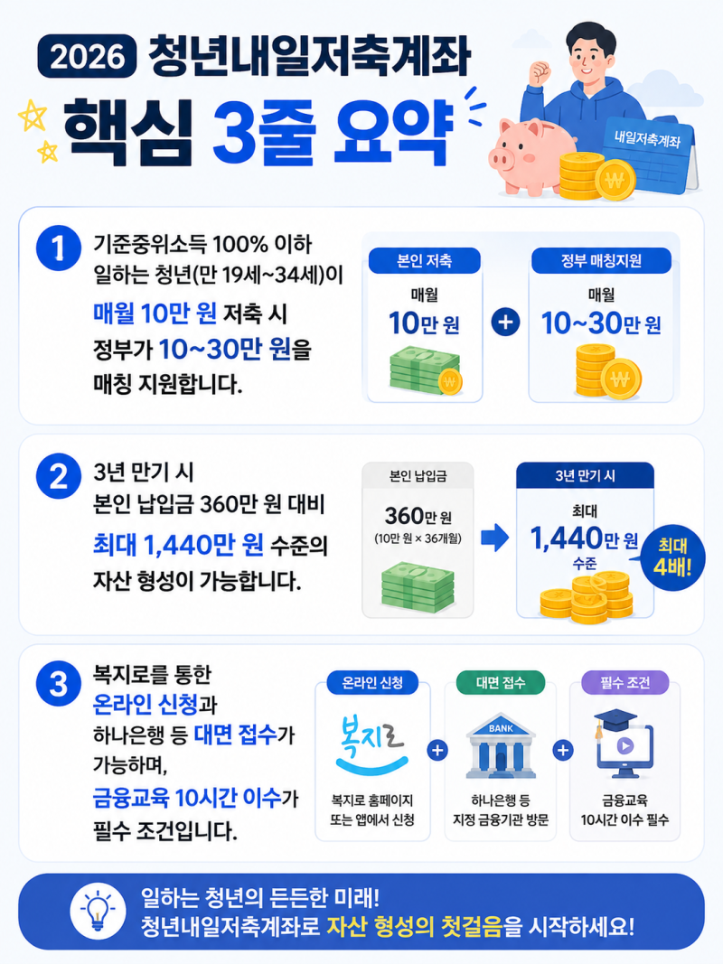 2026 청년내일저축계좌 조건 및 신청방법: 발표 결과 확인부터 만기해지 수령액 교육 총정리