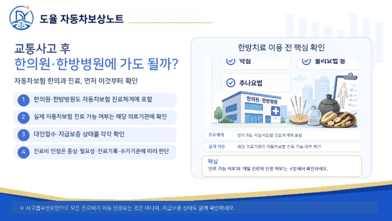 교통사고 한의원·한방병원 치료, 자동차보험 어디까지 인정될까? 약침·추나·첩약·8주 기준