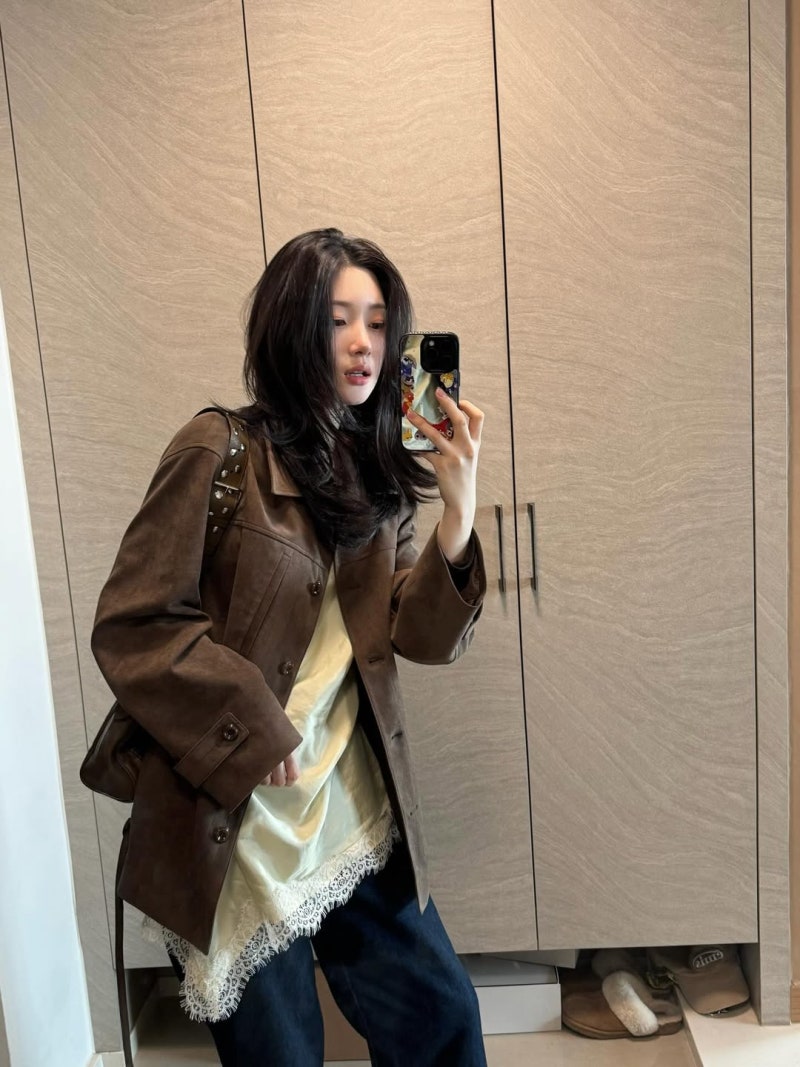 온앤온 셔츠 스웨이드 점퍼, 정채연 인스타그램 사복 패션 자켓! 여자 가을 옷 아우터 추천 #2....