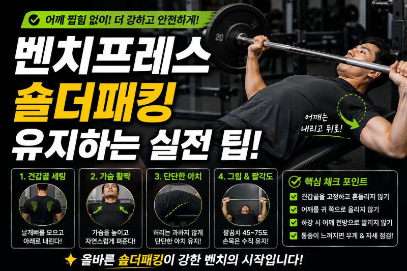 헬스장 벤치프레스 할 때 어깨 찝힘 없이 숄더패킹 유지하는 실전 팁