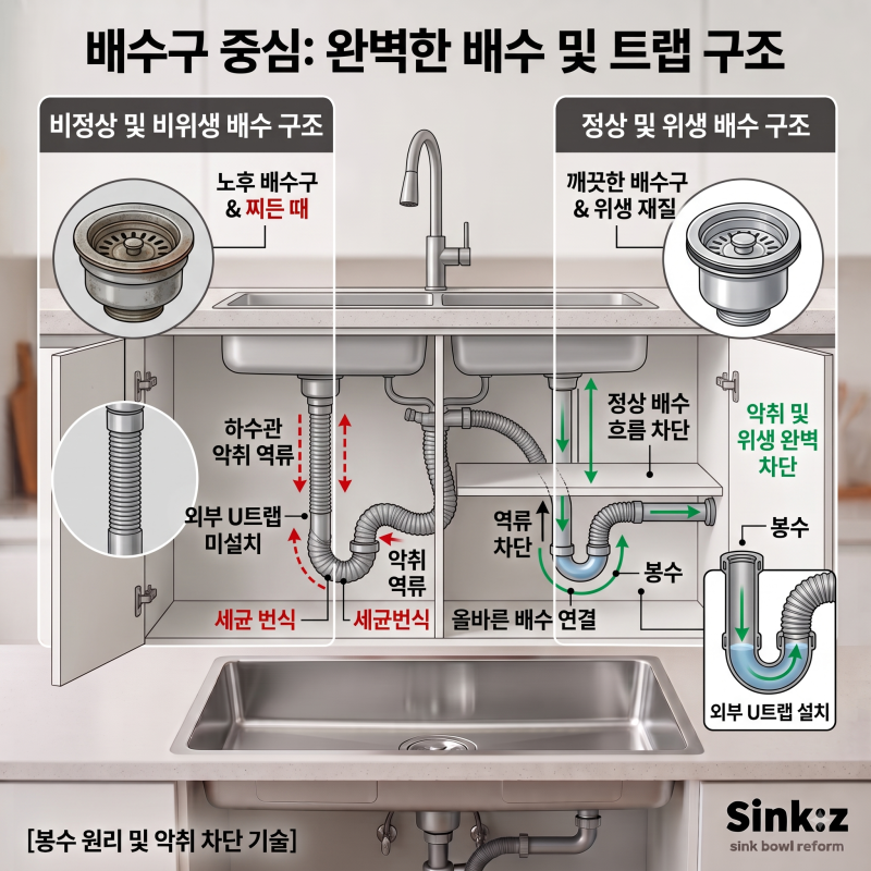 [주방 리폼 노트] 싱크대 하부장 냄새와 미세 누수? 배수구 봉수(U트랩) 구조와 수납물 간섭의....