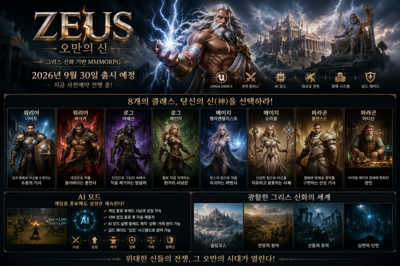 제우스 오만의 신 출시 임박! 출시일·사전예약·8개 클래스·AI 모드 총정리
