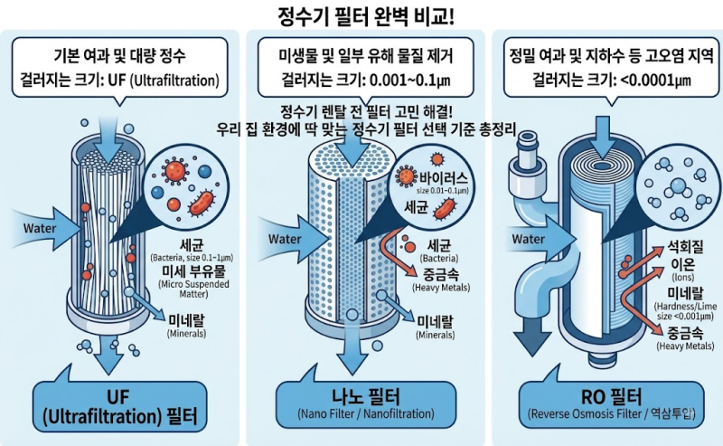 정수기 필터 완벽 비교! 중공사막(UF) vs 나노 vs 역삼투압(RO) 우리 집에 맞는 선택은?