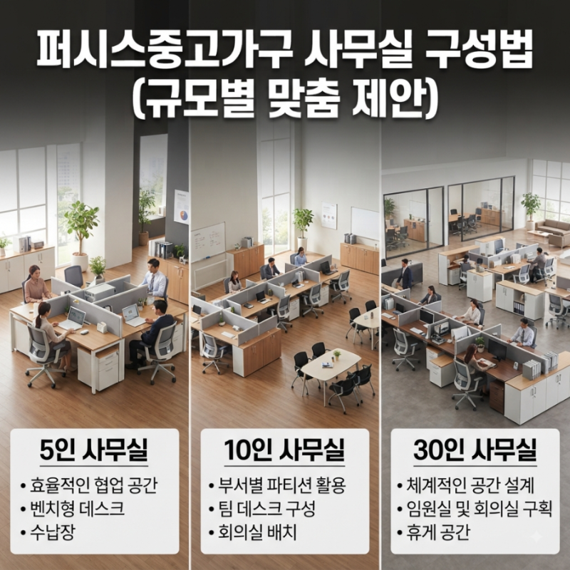 퍼시스중고가구 사무실 규모별로 어떻게 맞출까? 5인·10인·30인 사무실 구성법