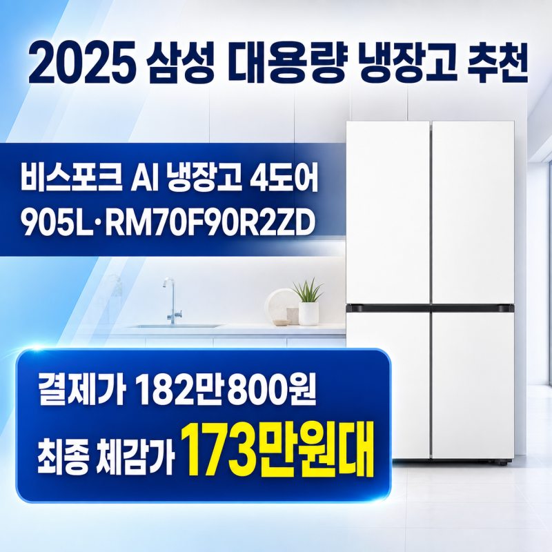 삼성 비스포크 AI 냉장고 4도어 905L RM70F90R2ZD 추천, 최종 체감가 173만원대