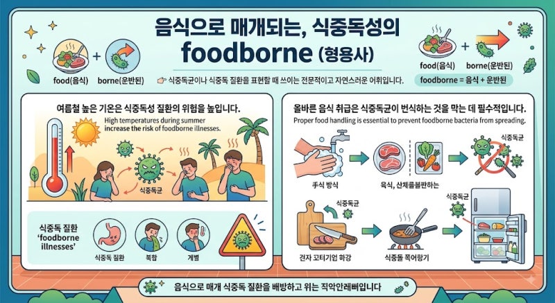 [영어공부 혼자하기] keep in mind that 명사절, foodborne 음식을 통해 매개되는, 식중독의perishable ....