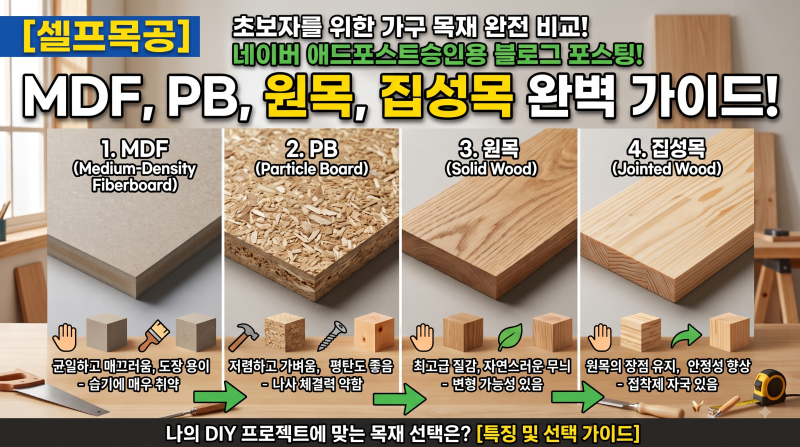 [셀프목공] MDF, PB, 원목, 집성목 완벽 비교! 셀프인테리어 목재 종류별 특징 및 선택 가이드