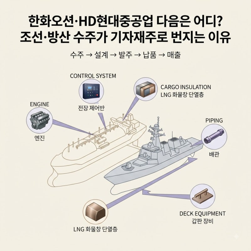 한화오션·HD현대중공업 다음은 어디?조선·방산 수주가 기자재주로 번지는 이유